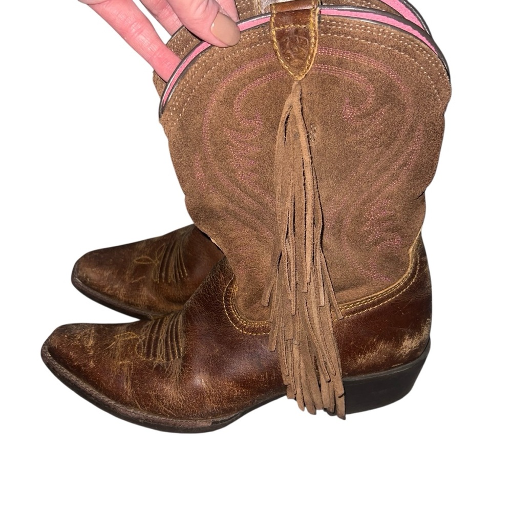 Ariat Girl’s Brown Suede Leather Fringe Cowboy Boots Size 3 Western Riding Rodeo - Picture 2 of 7